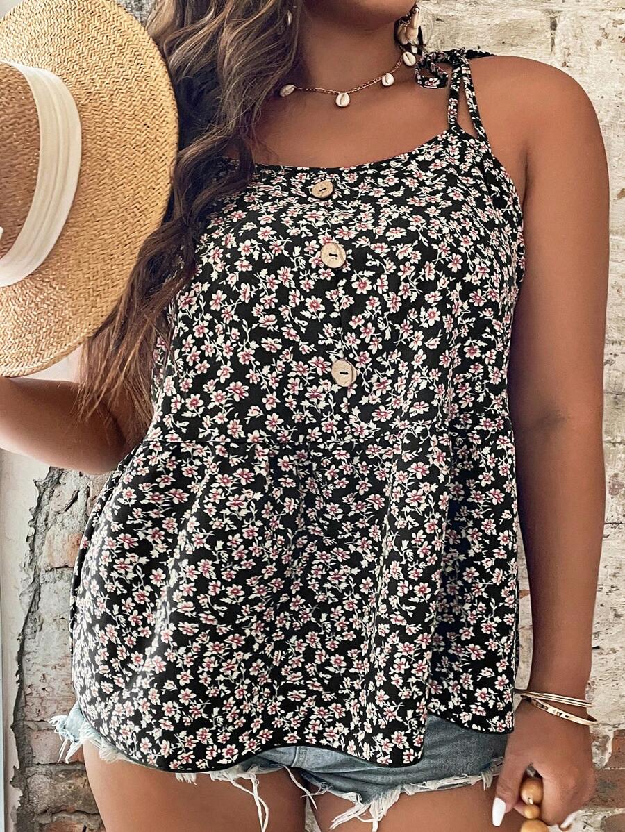 SHEIN LUNE Top De Cami À Nœud D'épaule Imprimé Floral Pour Femme Grande Taille