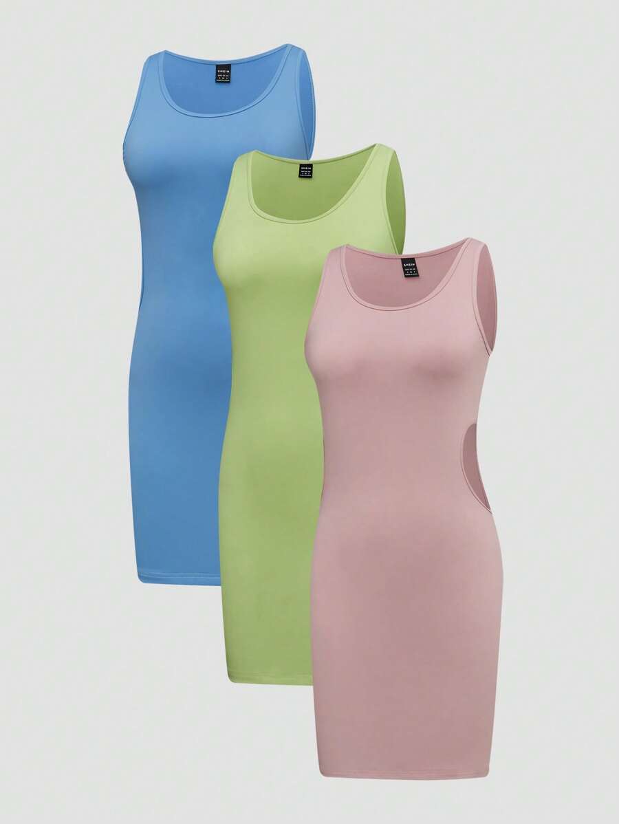 Flirla Conjunto De Vestido De Tres Colores De Estilo De Chaleco De Cuello Redondo Hueco Para Mujeres