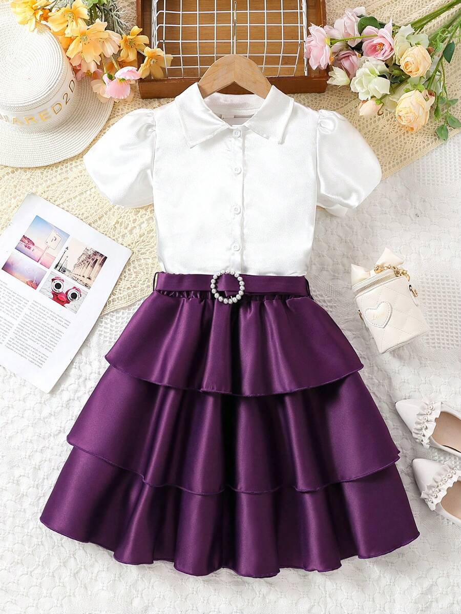 Conjunto De Blusa De Manga Bufante Para Meninas Tween E Saia Com Babados Em Várias Camadas