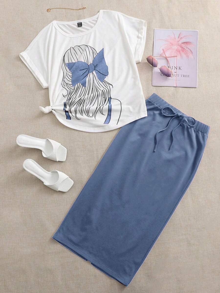 Mulvari Ensemble 2 pièces de t-shirt à col ras du cou et de jupe pour filles avec imprimé à l'arrière