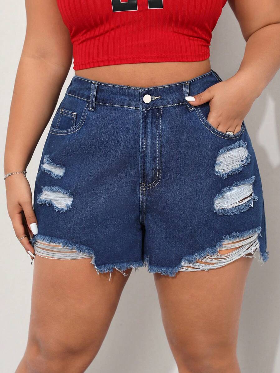 SHEIN EZwear Short En Jean Déchiré Effiloché Grande Taille Pour Femme