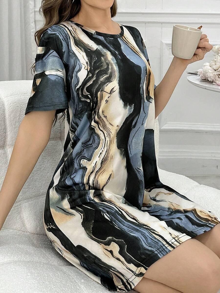 Vestido pijama con cuello redondo y manga corta, estilo de tinta y lavado, para ropa de dormir