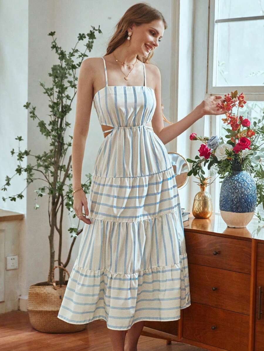 Aveloria Rosie Women's Vertical Stripe Cut-Out Waist Cami Dress Vacation Outfits Woman