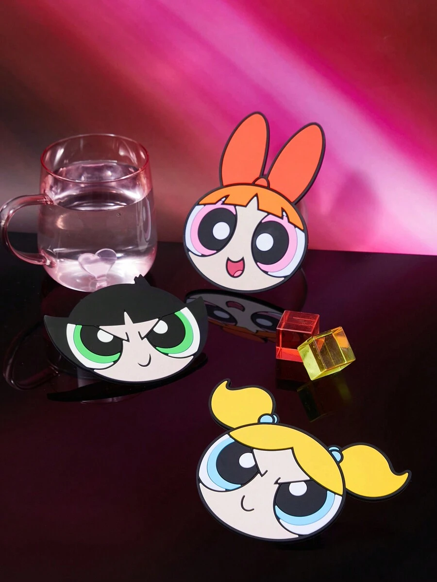 THE POWERPUFF GIRLS X SHEIN 3pcs/Set Cartoon Blossom, Bubbles, Buttercup Pattern Cup Coaster