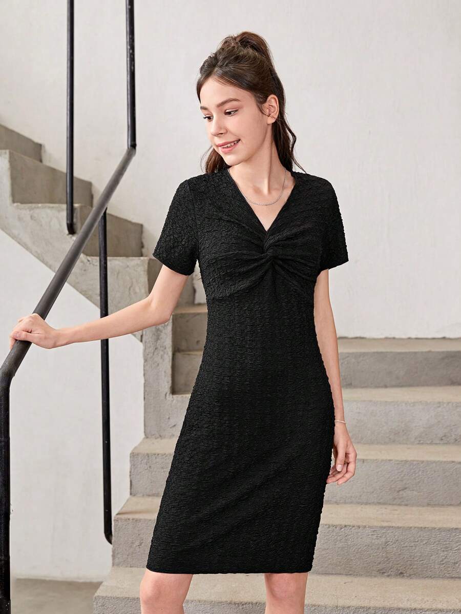 Vestido Plisado De Manga Corta Con Cuello En V Y Un Solo Color Para Chicas Adolescentes
