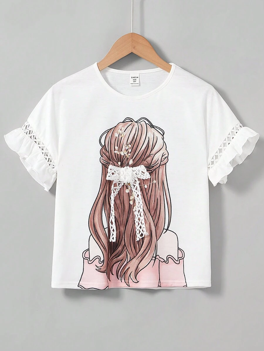 SHEIN LMoss Kids Tween Girls' Round Neck Drop Shoulder Lace & Wave Hem Character Print T-Shirt