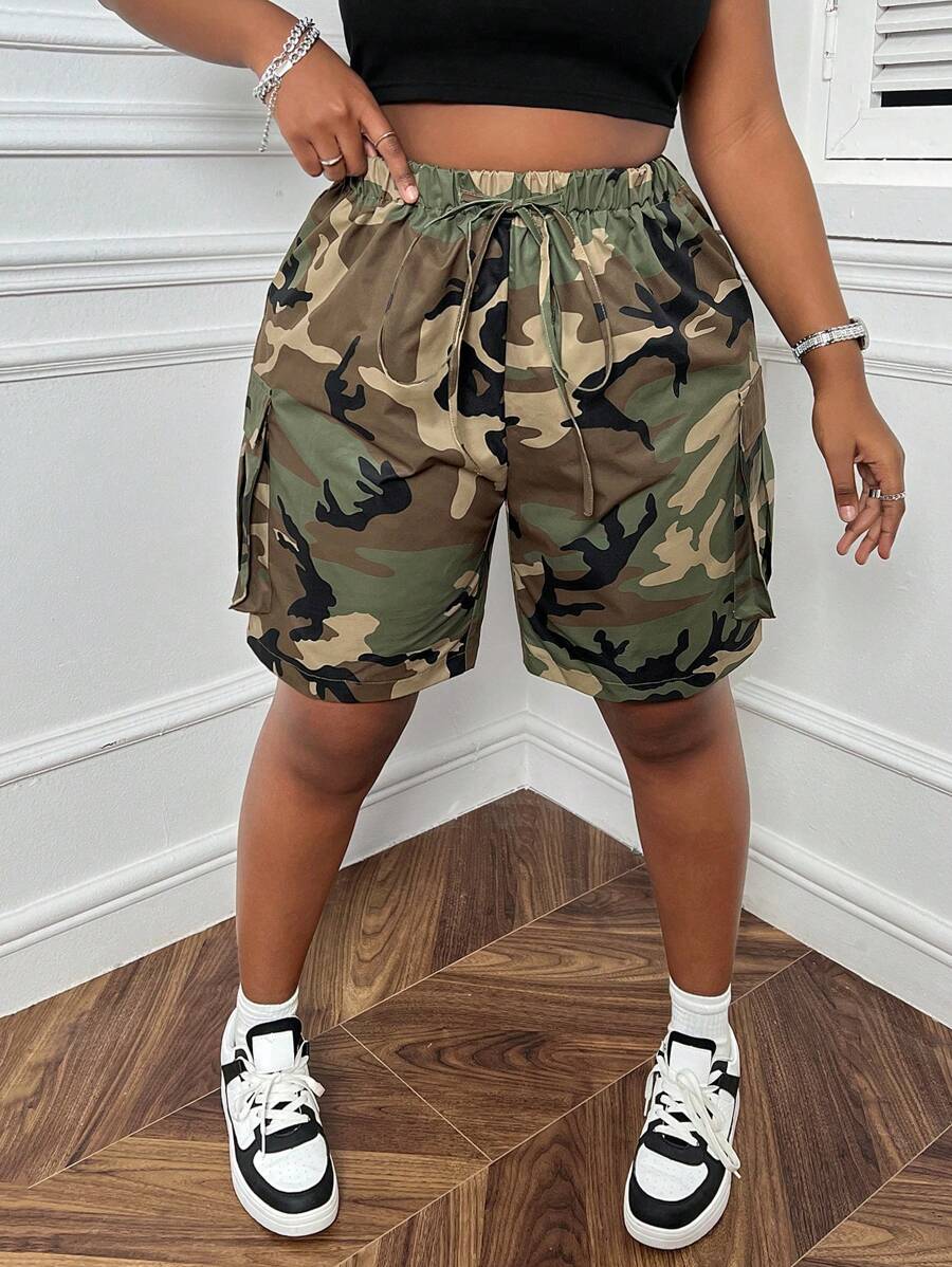 SHEIN CURVE+ Damskie szorty cargo w dużych rozmiarach, na co dzień ściągane sznurkiem