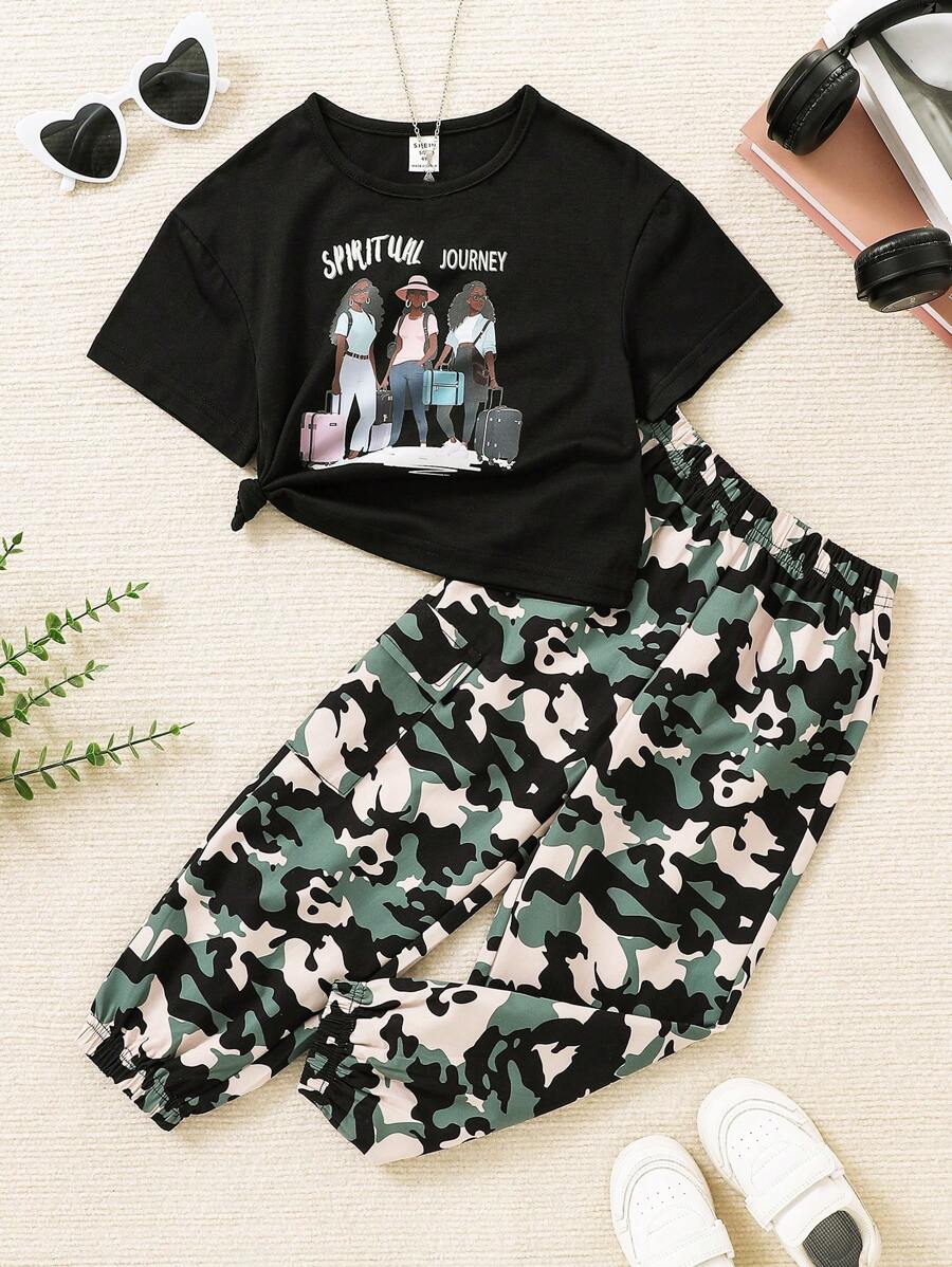 SHEIN T-shirt z krótkim rękawem i joggerami w kolorze moro dla młodej dziewczyny, modny letni strój na świeżym powietrzu