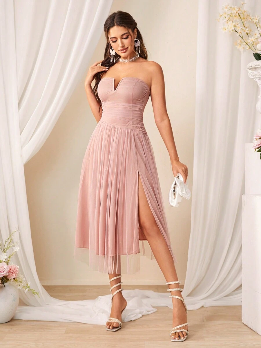 SHEIN Belle Strapless Mesh Split Hem Dress, Semi Formal Dress, Wedding Guest Dress