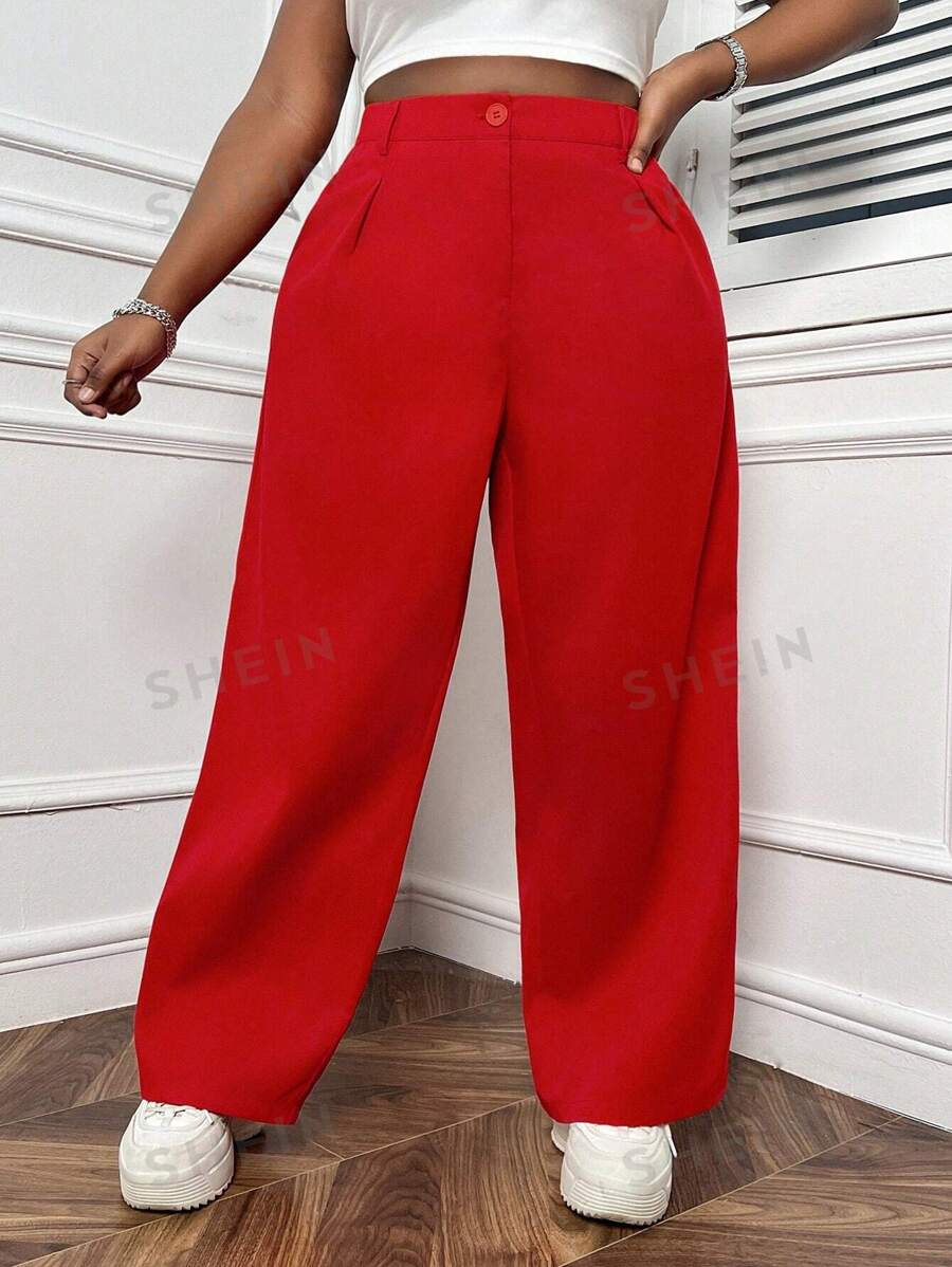 SHEIN EZwear Pantalones Rojos De Talle Alto Y Pierna Recta De Talla Grande