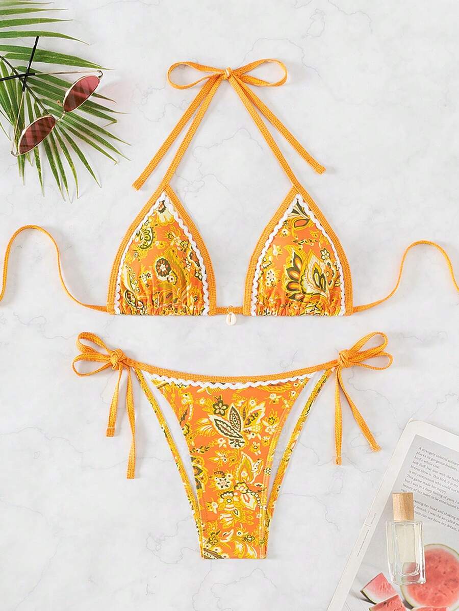 Swim Mod Summer Beach Women's Plant Printed Halter Neck Bikini Set