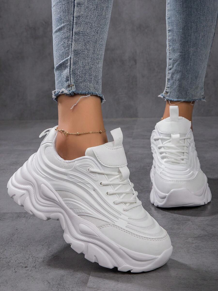 Sporty Front Chunky Sneakers For Women,Everyday Collection Women's Fashionable White Women Shoes Thick-Soled Colorblock Graphic Lace-Up Women Platform Shoes Lightweight Breathable Women's Athletic Shoes Outdoor Sports Shoes For Women Tennis Shoes