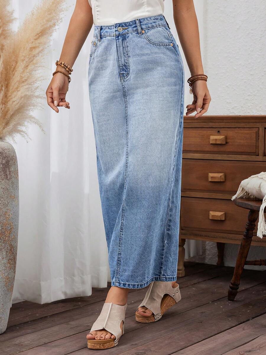 SHEIN X SAMADHI SHEIN LUNE Women's Zipper High Waist Long Denim Skirt With Pockets