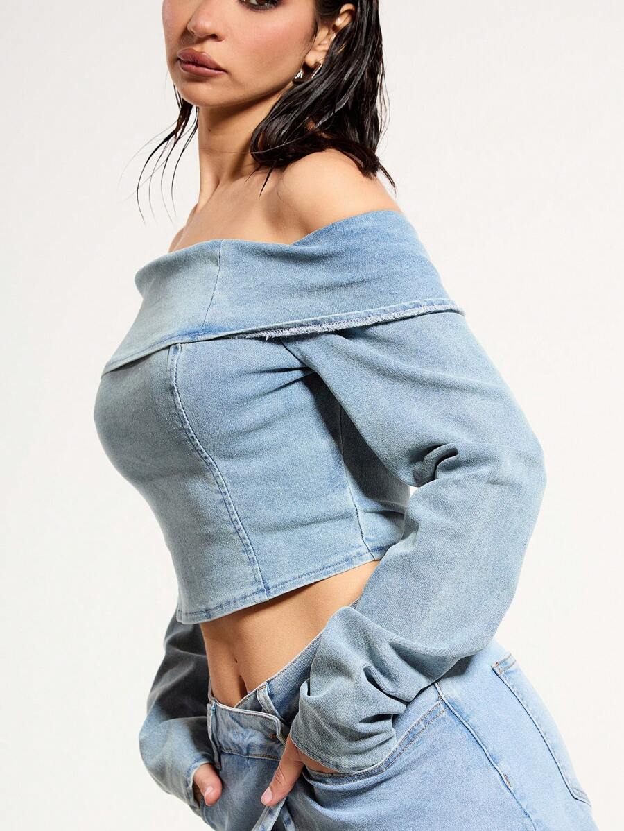 MUSERA Denim Bardot Long Top Spring 90's Sexy Summer