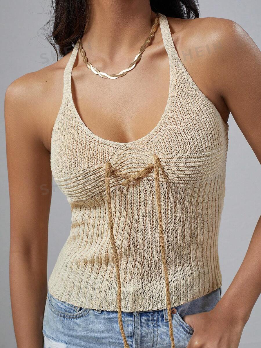 Flirla Top De Tejer De Espalda Al Aire Con Corbata Para Mujeres