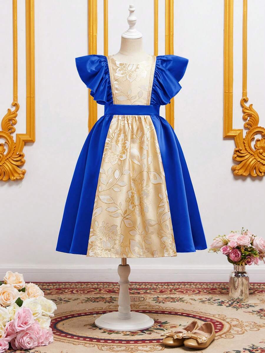 SHEIN Vestido com Manga Curta e Cintura Franzida em Tecido Jacquard com Caimento Colorido para Meninas Pré-Adolescentes