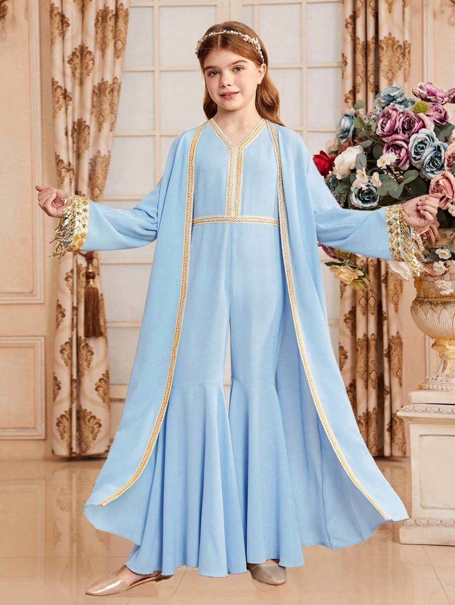 SHEIN Set bestehend aus lockerem V-Ausschnitt-Top mit niedlichen Fransen am Saum und Jumpsuit für Tween Mädchen im Urlaub