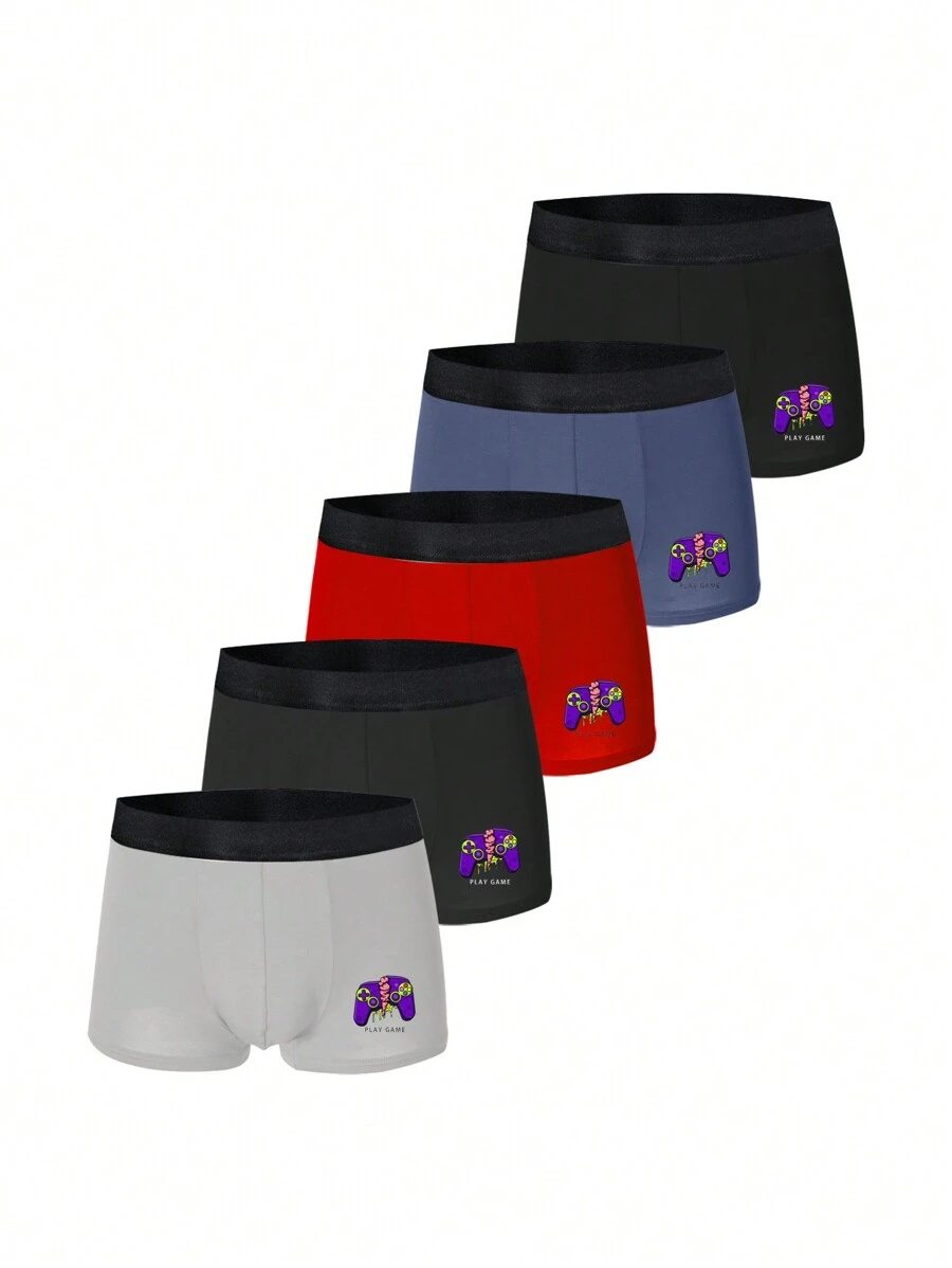 5 Piezas/paquete Boxers Con Estampado De Letras Y Máquinas De Juego Para Hombres