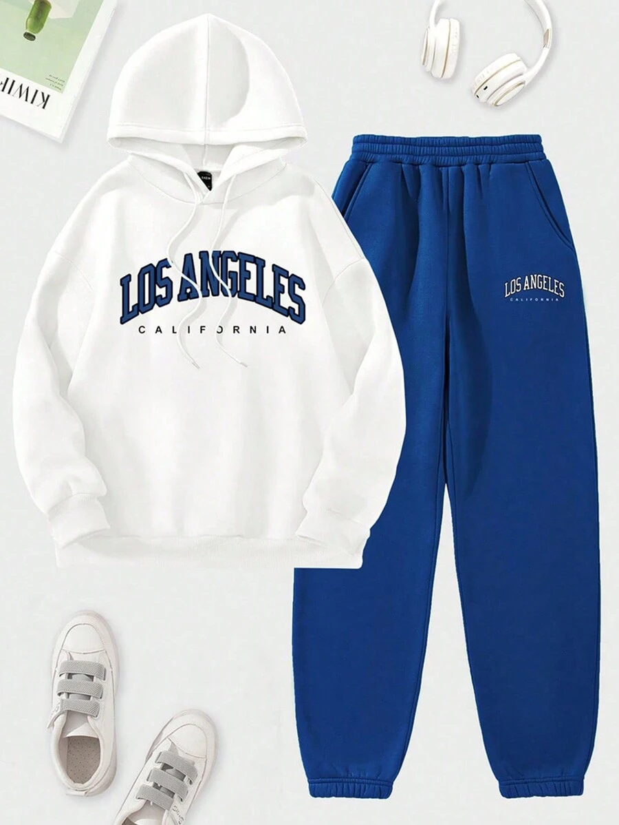 Flirla Letter Grafische Trekkoord Thermische Gevoerde Hoodie & Joggingbroek