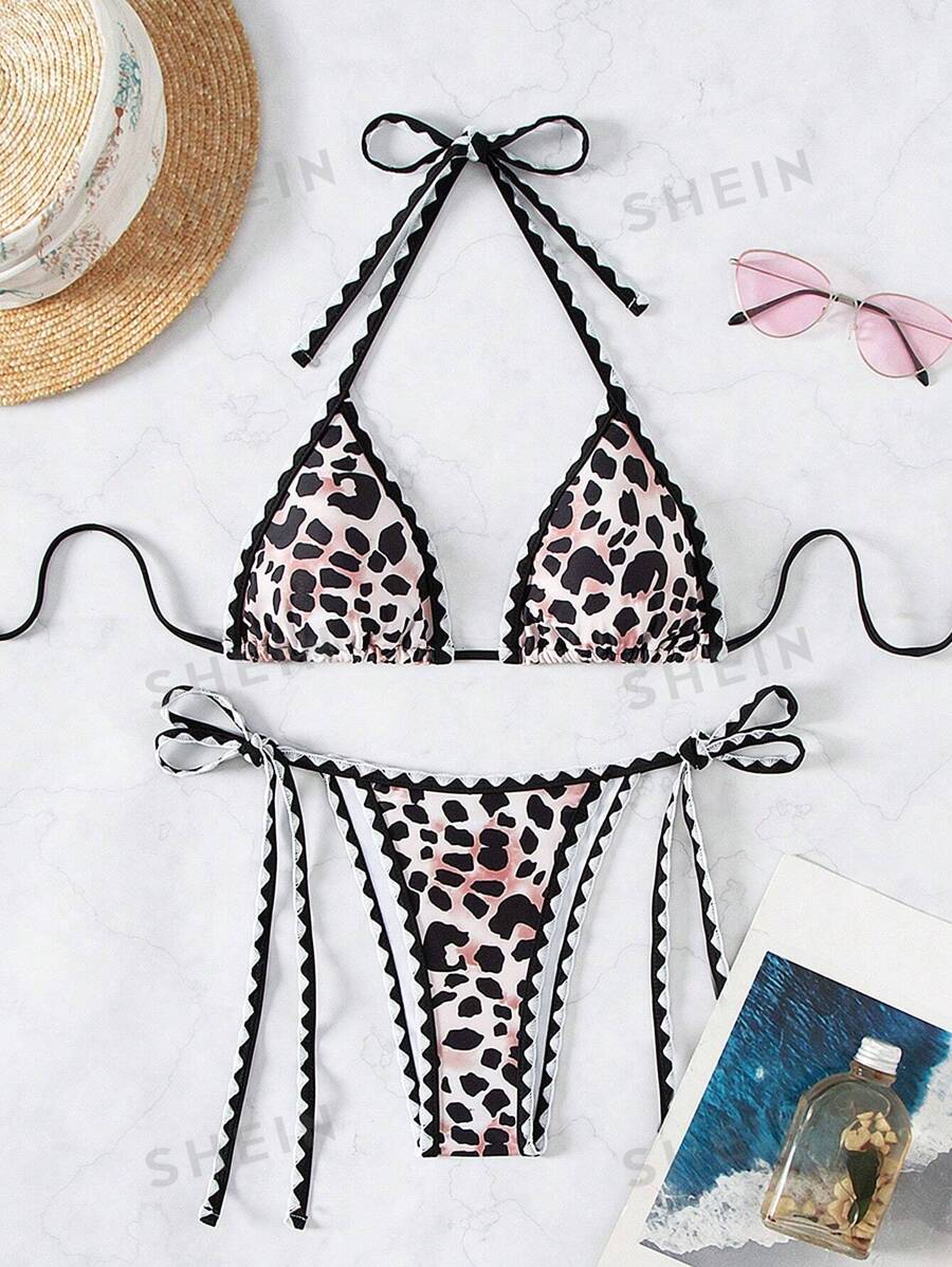 SHEIN Swim Conjunto de bikini con estampado de leopardo para mujer de verano