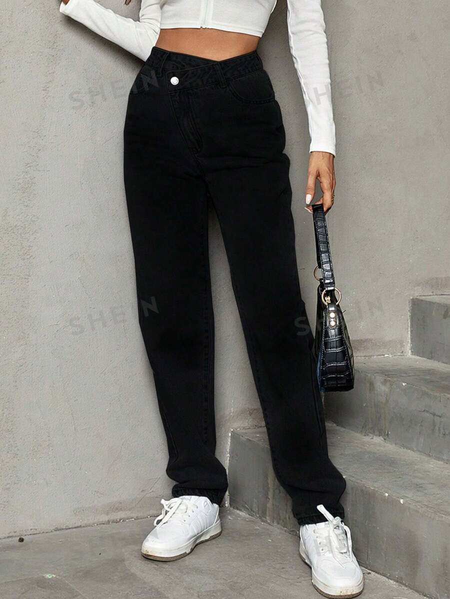 SHEIN Frenchy Pantalones Vaqueros Asimétricos De Cintura Alta Para Mujer