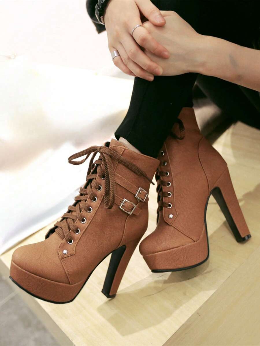 de mujeres grueso tacón Botas cortas , impermeable plataforma , tacón alto , con cordón motocicleta Botas