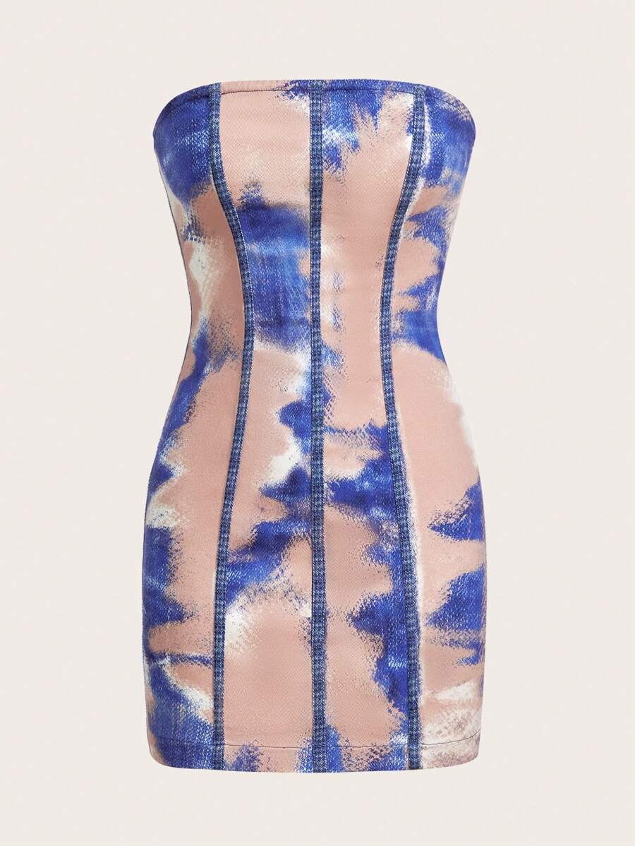 SHEIN ICON فستان قبالة الكتف ذو تأثير الجينز