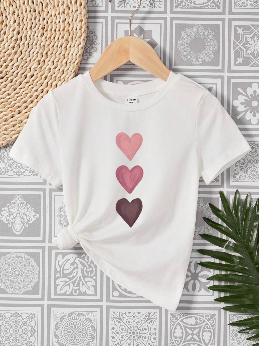 SHEIN Tween Girls' Casual Heart Pattern Short Sleeve T-Shirt Suitable For Summer
