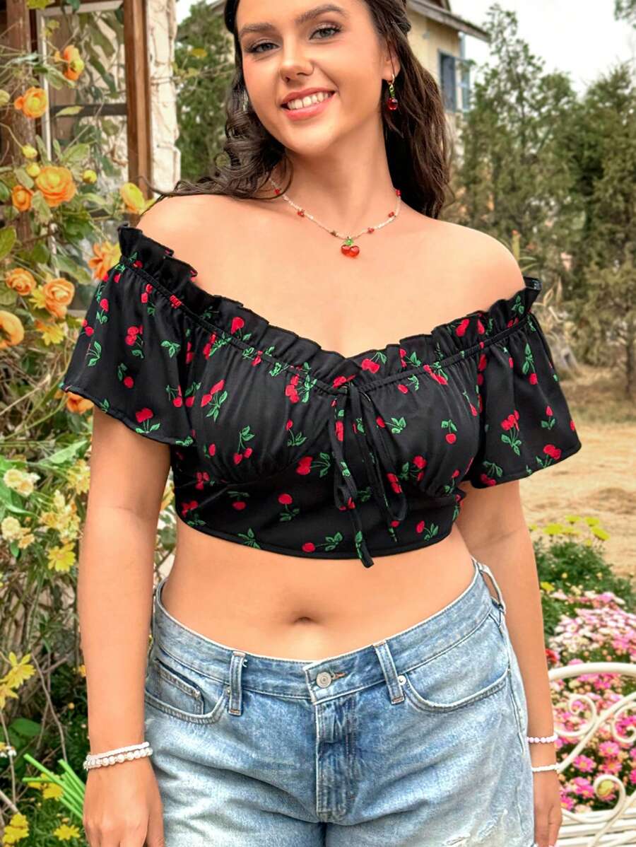 Dreamara Chemisier Imprimé Cerises Grande Taille Pour Femme, Épaules Dénudées Avec Bretelles