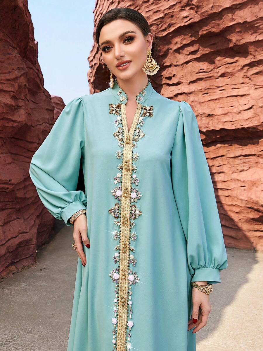 Al Najma Colorblock Woven Belt & Beaded Detail Notch Neck Slit Hem Dress