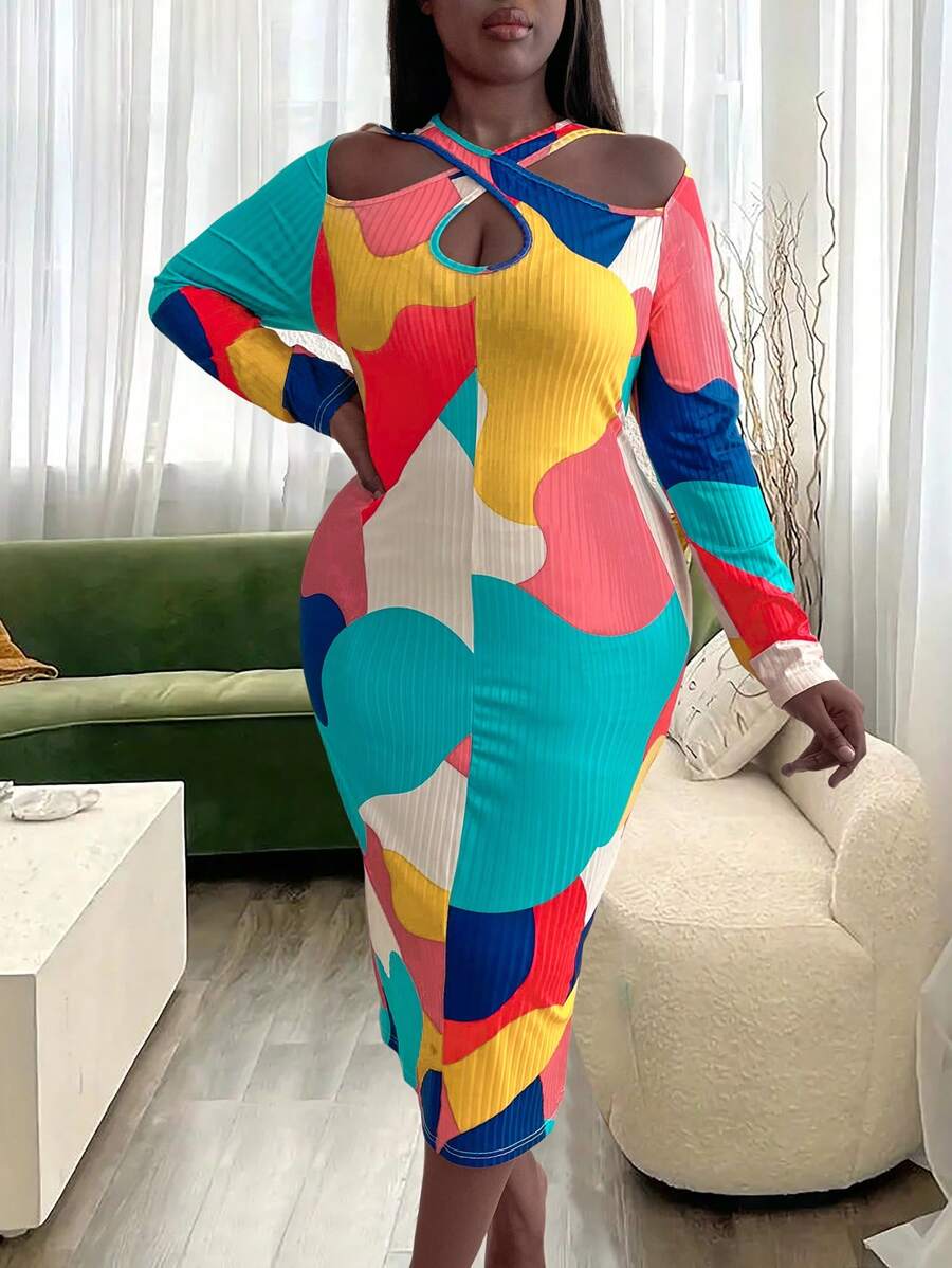 Maweii Plus Colorblock Criss Cross Cut Out Front Bodycon Dress