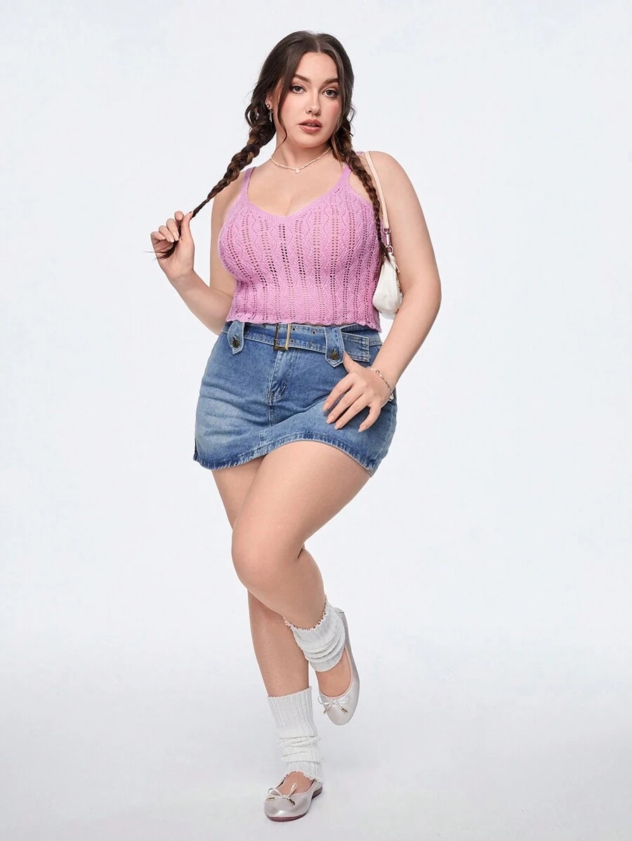 SHEIN Qutie Plus Size Solid Color Hollow Out Knit Top
