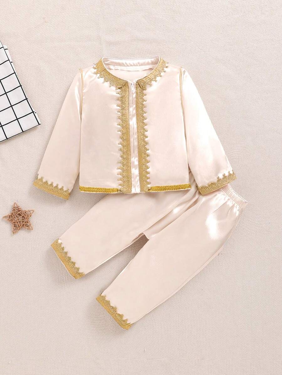 SHEIN Baby Boys' Satin Panel & Woven Tape Decor Long Sleeve Top And Pants Set