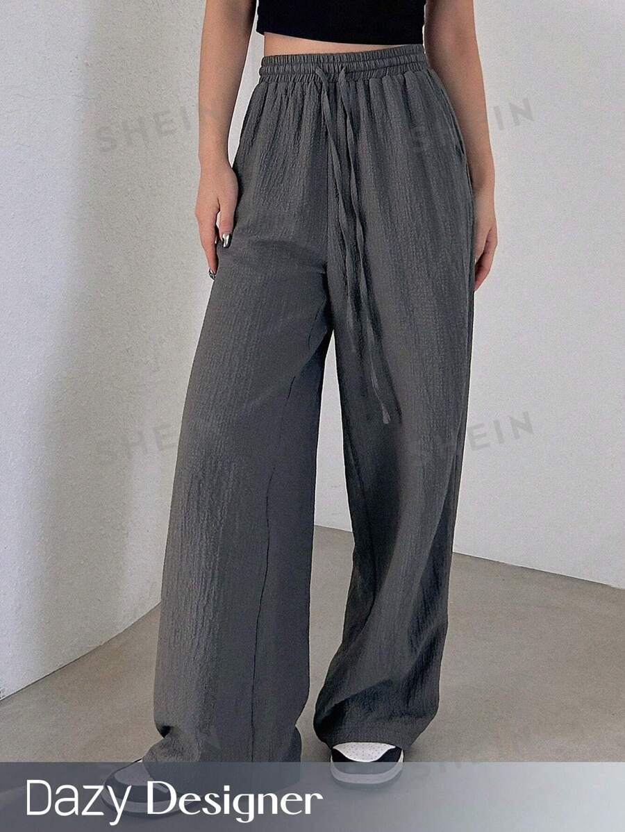 Dazy Designer Pantalones casuales sueltos de unicolor con diseño de cordón elástico en la cintura, pantalones holgados para mujeres, ropa de mujer para otoño