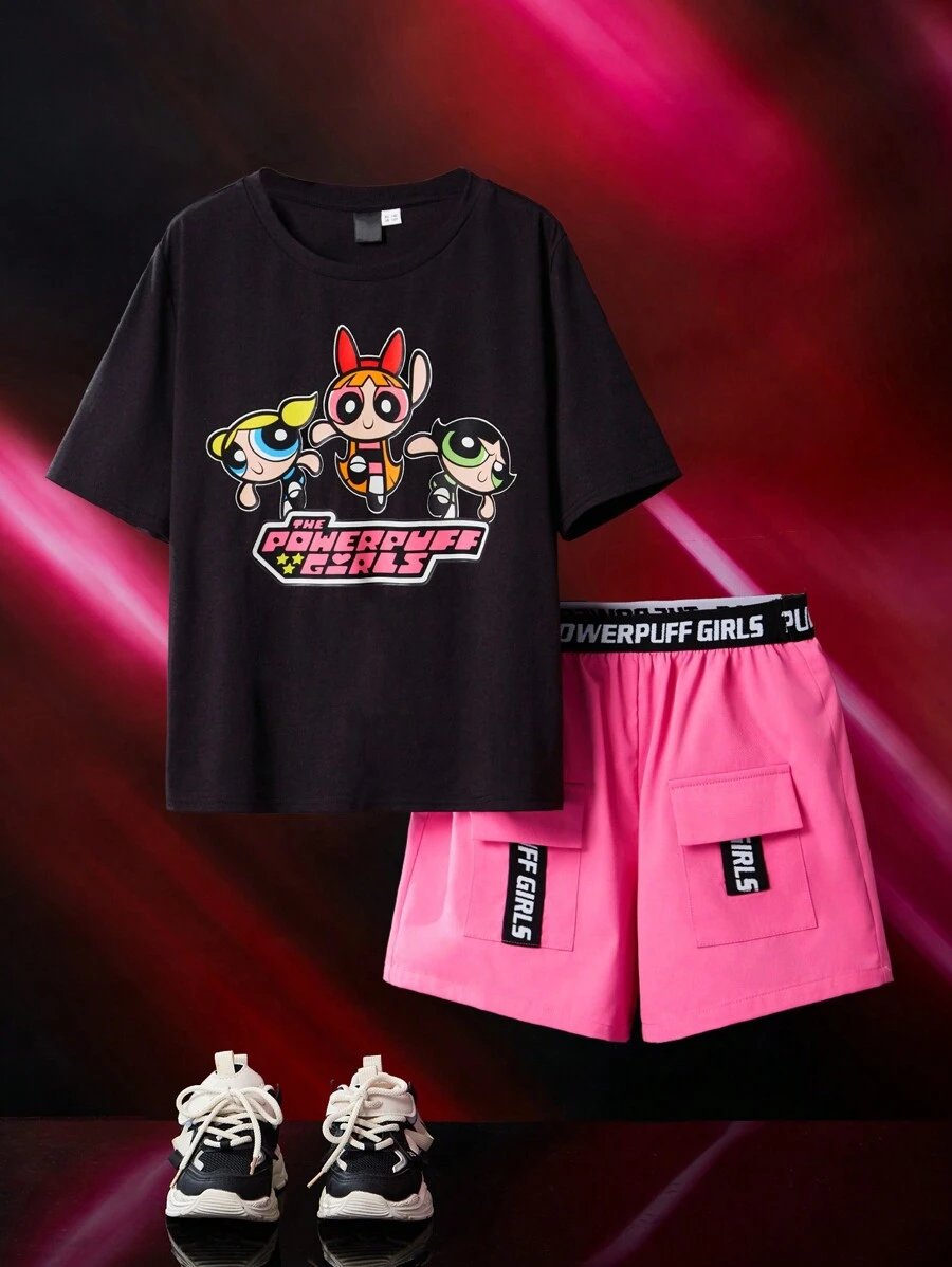 THE POWERPUFF GIRLS X SHEIN Tween Girl Cartoon & Letter Graphic Set