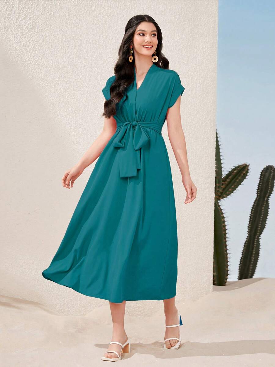 Mulvari Solid Color V-Neck Waist Drawstring Batwing Sleeve Dress