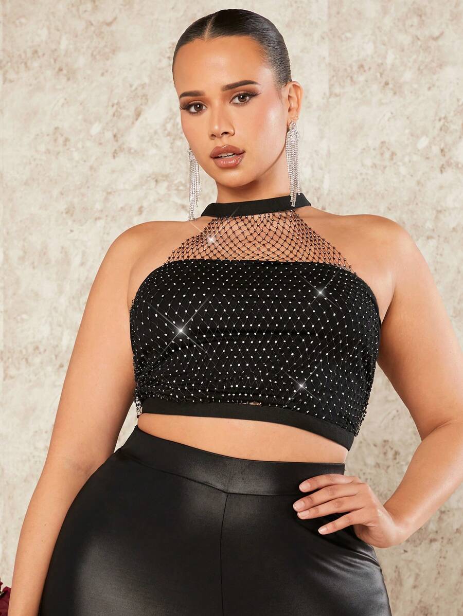 SHEIN BAE Plus Size Women's Glamorous Sheer Fishnet Halter Top With Diamond Decoration For Club & Festival
