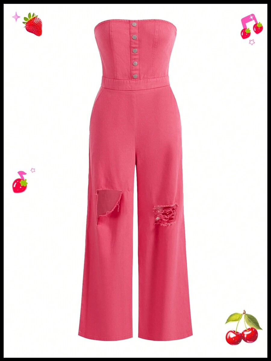 SHEINNeu Quirky Fun Dopamine Jumpsuits Summer Outfits Spring Break Cargo Pants Hole Pink Strapless Jumpsuit