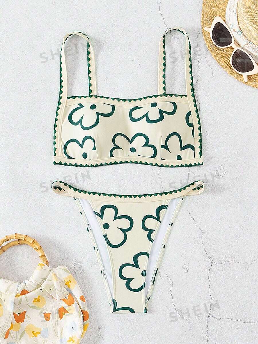 SHEIN Swim Conjunto de bikini con parte superior e inferior con estampado floral (estampado aleatorio), conjunto de bikini de dos piezas para playa de verano
