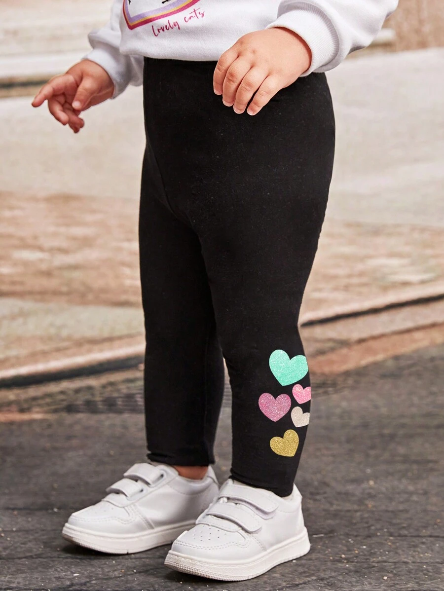 SHEIN Baby Girl Casual Simple Heart Pattern Long Sweatpants, Suitable For Spring & Summer, Contains 95% Cotton