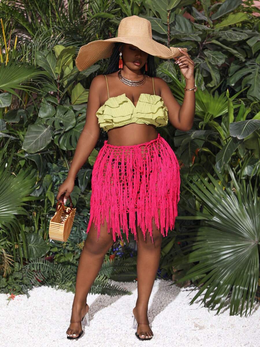 Slaydiva Plus Size Women's Fringed Hollow Out Knit Skirt