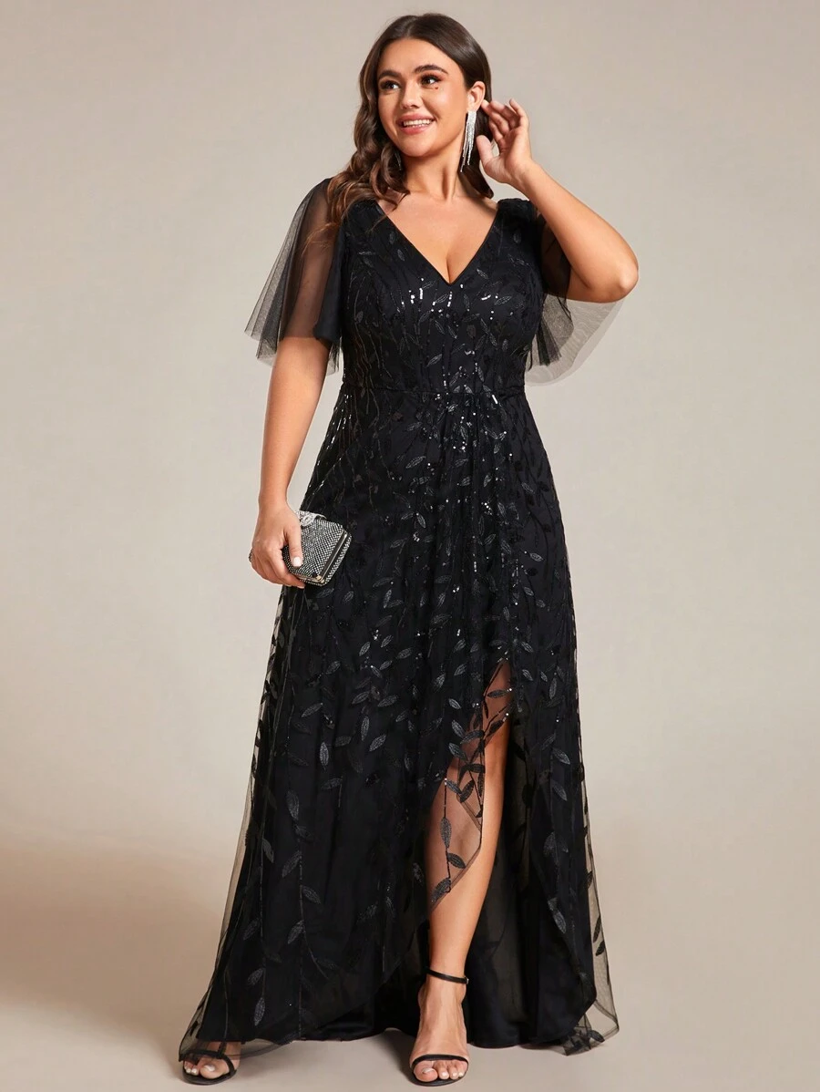 Plus Size Plunging Neck Sequin Contrast Split Thigh Bridesmaid Dress Black Elegant Formal Evening Prom Wedding Guest Gown, For Graduation, Dinner Party Dress