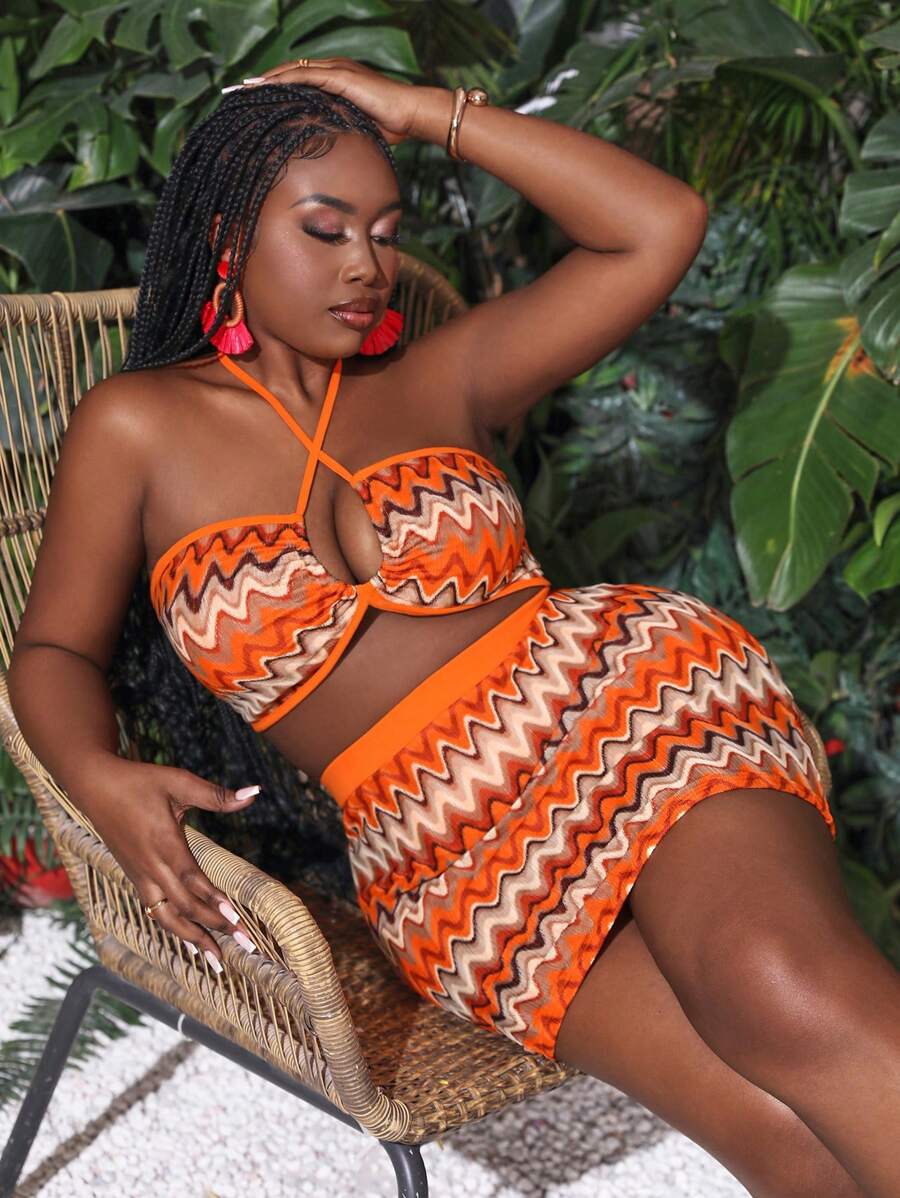 Slaydiva Women's Plus Size 2pcs/Set Vacation Casual Striped Halter Neck Crop Top And Skirt With Wave Pattern