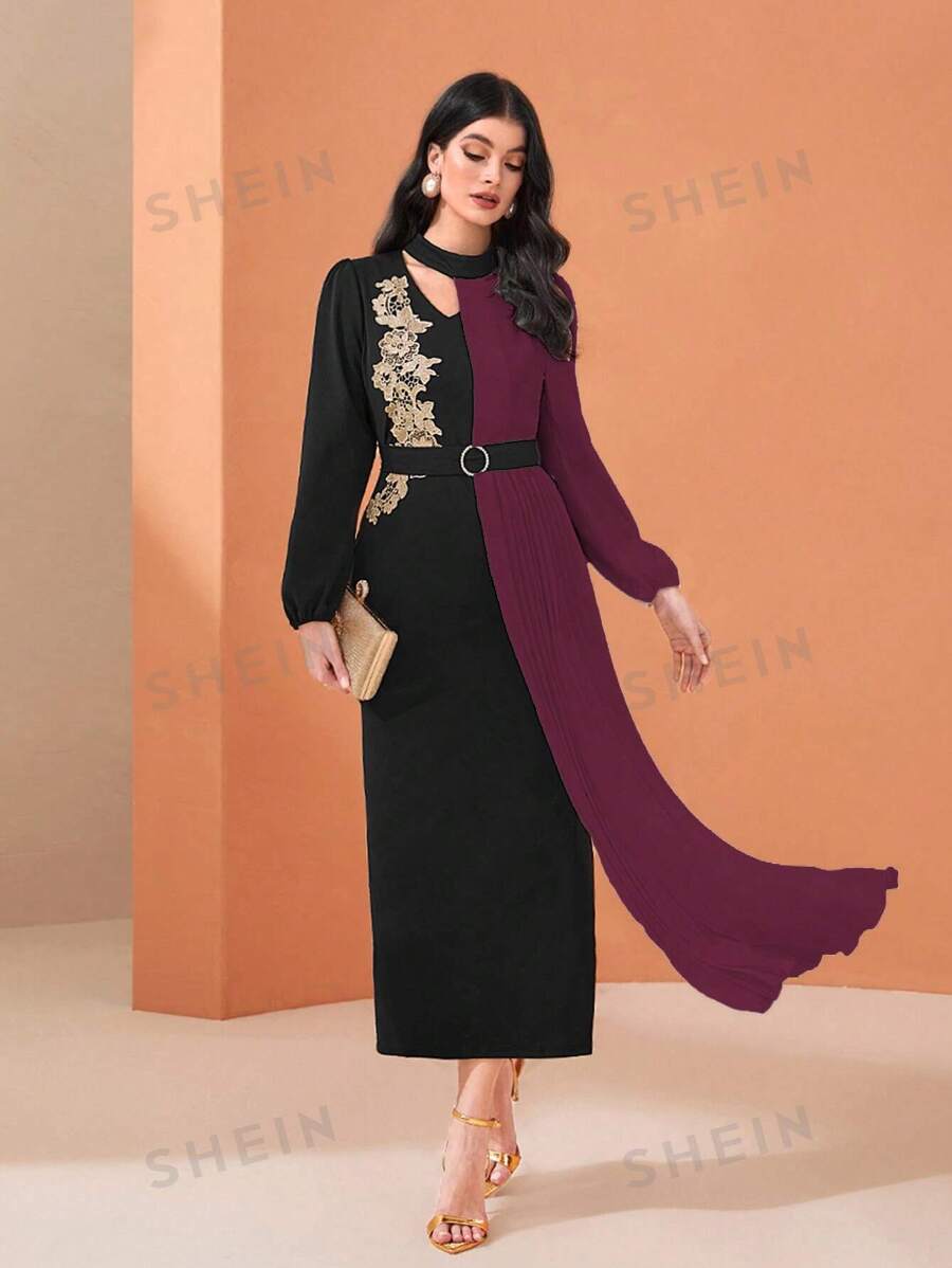 Al Najma Vestido Para Mujer De Estilo Árabe Con Manga Tipo Linterna En Color Contrastante Decorado Con Remiendos