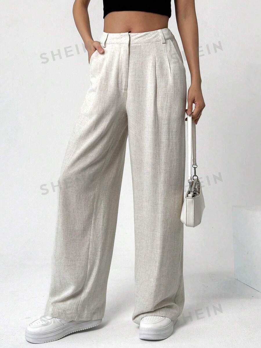 SHEIN EZwear Pantalones De Mujer Rectos De Diseño De Bolsillo De Un Solo Color