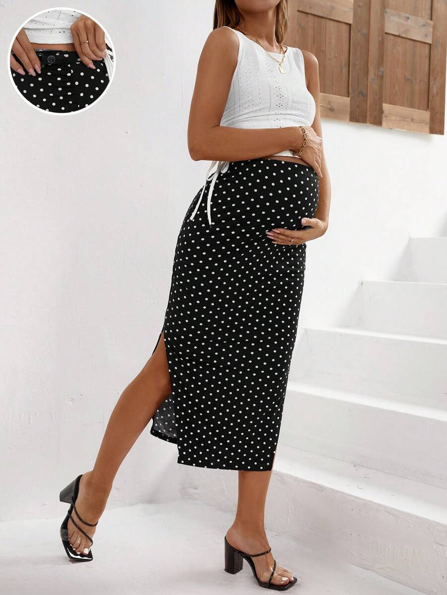 SHEIN Maternity Women's Solid Color Side Drawstring Tank Top And Polka Dot Split Hem Skirt Set