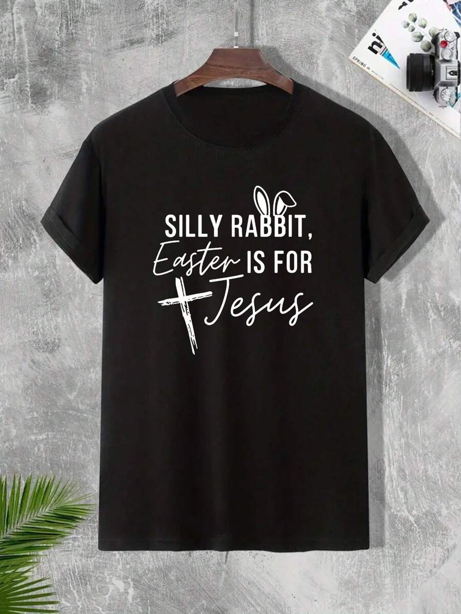 Men's Rabbit Ear & Slogan Print Round Neck Short Sleeve T-Shirt