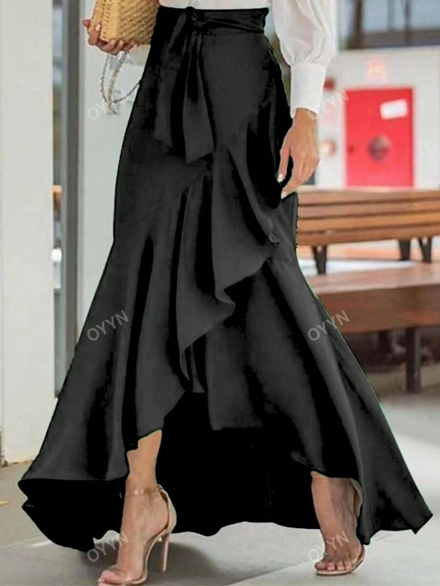 Women's Spring/Summer Solid Color Waist Belt Bodycon Asymmetrical Ruffle Mermaid Hem Elegant Skirt