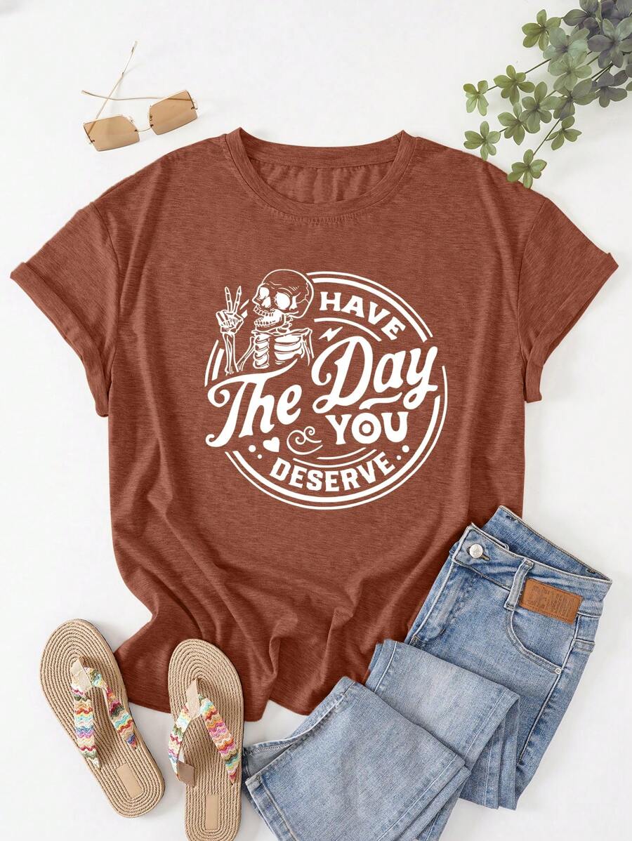 INAWLY Plus Size Women's Skull Printed Round Neck Short Sleeve Summer T-Shirt With Slogan, HAVE The Day YOU DESERVE