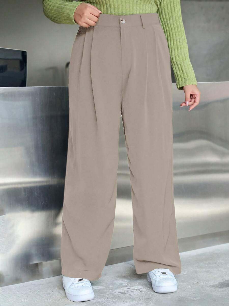 Dazy Plus Plus Size Solid Color Pleated Loose Straight-Leg Trousers